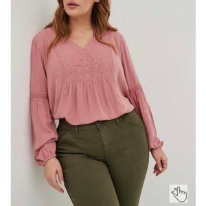 Torrid Crinkle Gauze Boho Embroidered Top Long Sleeve in Dusty Pink Rose 1X
